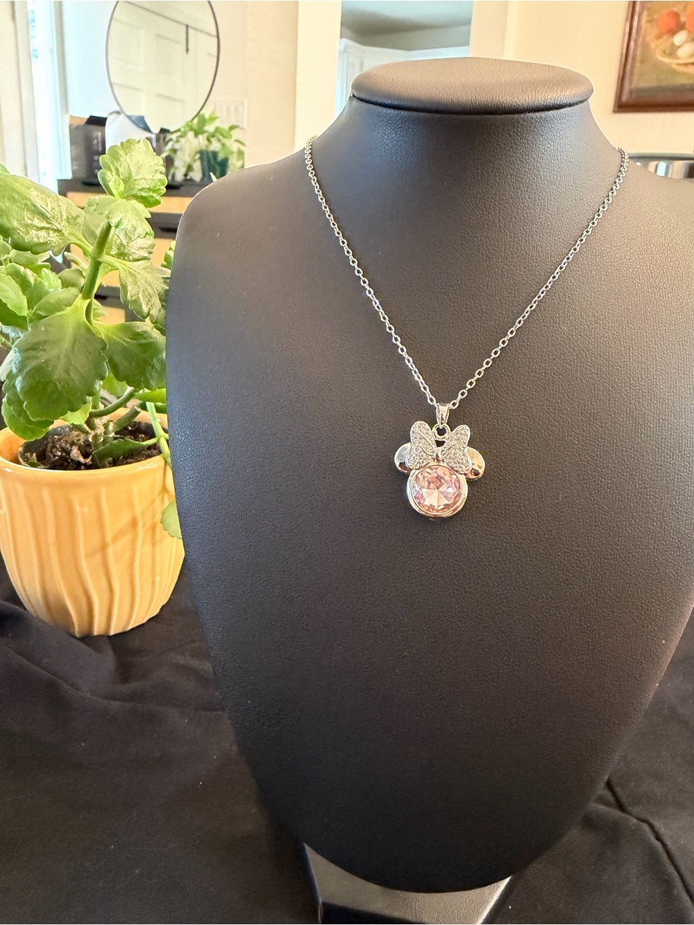 Silver Necklace with Pink Crystal Minnie Bow Pendant